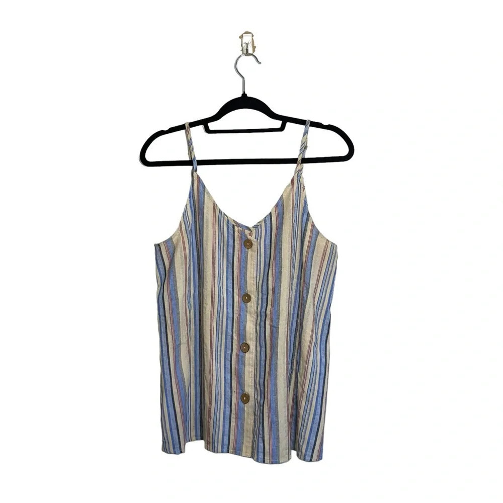 Entro Cream & Blue Striped Button Front V-neck Tank Top Large Women’s